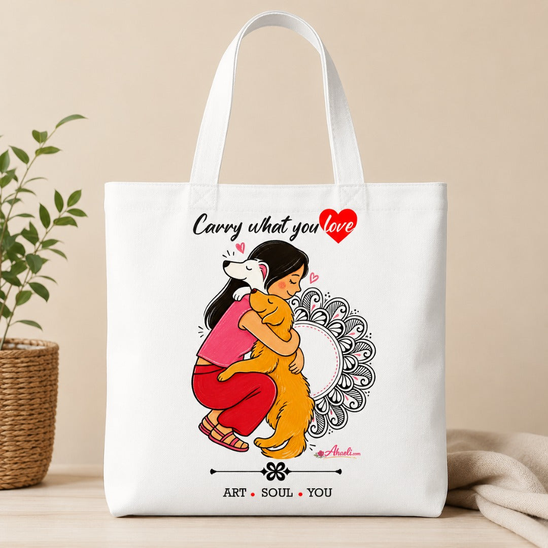 Dog Lover Tote Bag featuring a girl hugging her dog illustration on a white cotton canvas tote.