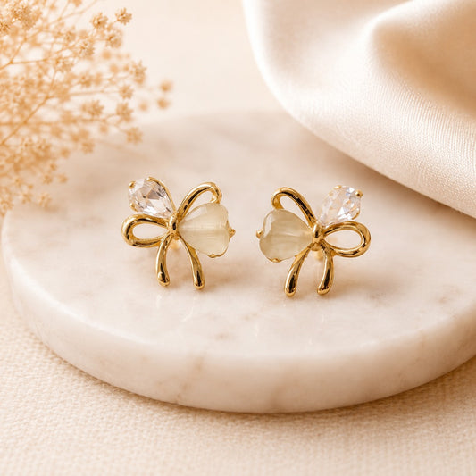 Elegant Bow Crystal Stud Earrings for Women with gold-tone bow design, crystal accent and floral detail, perfect as minimal everyday earrings.
