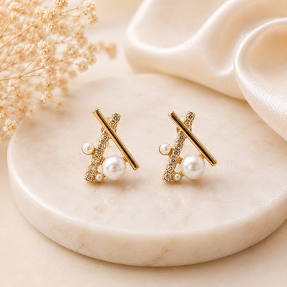 Elegant Pearl Crystal Geometric Stud Earrings for Women featuring gold-tone geometric bars, crystal accents and pearl details.