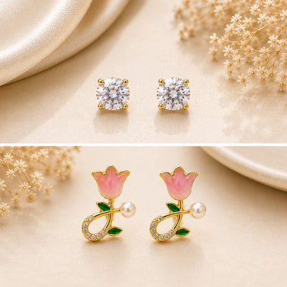 Elegant Pink Floral Pearl Stud Earrings Set for Women featuring Crystal Stud Earrings – 2 Pair Combo