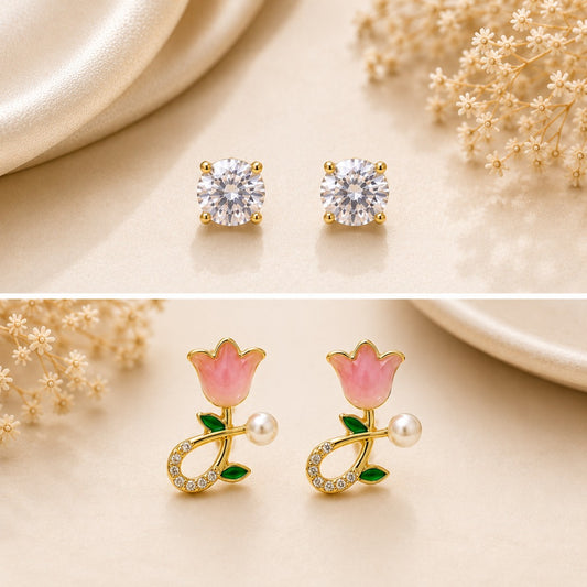 Elegant Pink Floral Pearl Stud Earrings Set for Women featuring Crystal Stud Earrings – 2 Pair Combo