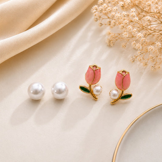 Elegant Tulip & Pearl Stud Earrings Set for Women featuring a pair of classic white pearl studs and pink tulip flower stud earrings.
