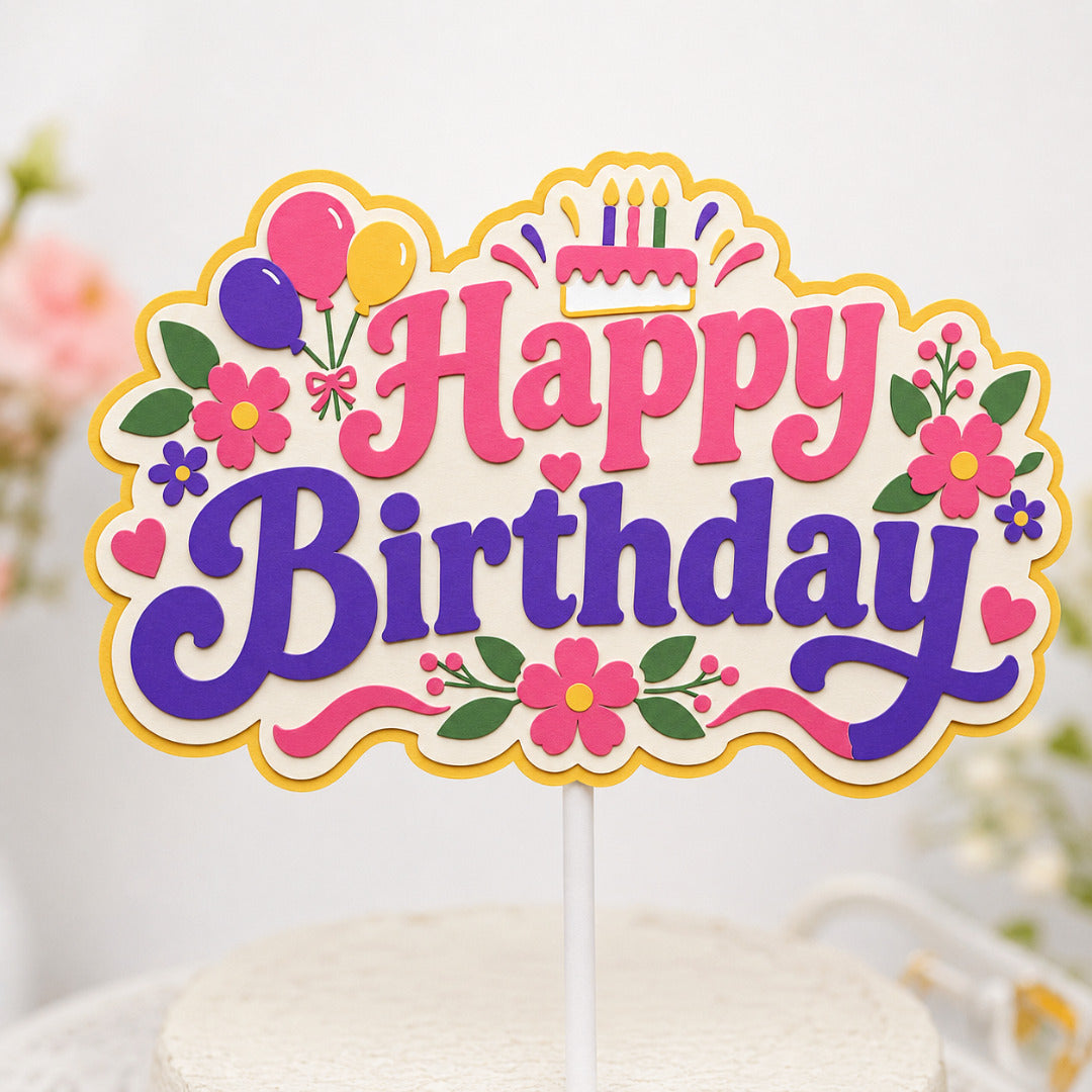 Six-layer Happy Birthday cake topper design with individual floral, balloon and birthday elements for DIY assembly