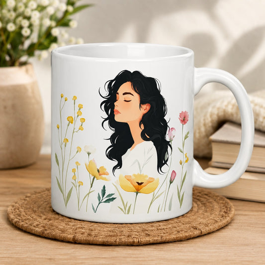 Floral Art Coffee Mug featuring elegant botanical flowers and artistic feminine illustration on a white ceramic mug