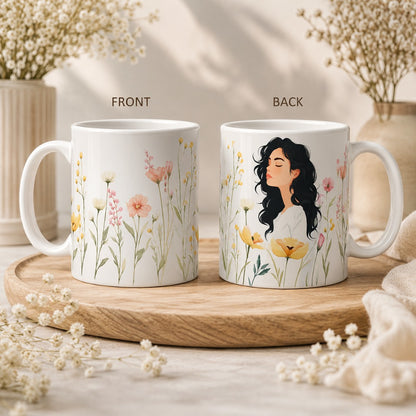 Front and back view of Floral Art Coffee Mug featuring botanical flowers and elegant feminine artwork