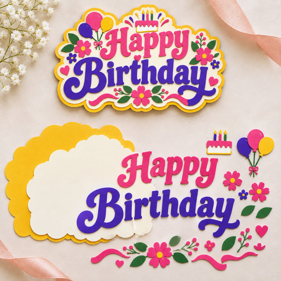 Floral Happy Birthday cake topper SVG showing six layered birthday and floral elements