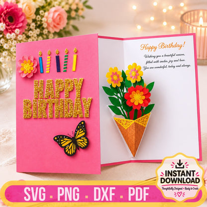 Floral pop-up card SVG template with layered 3D flower design
