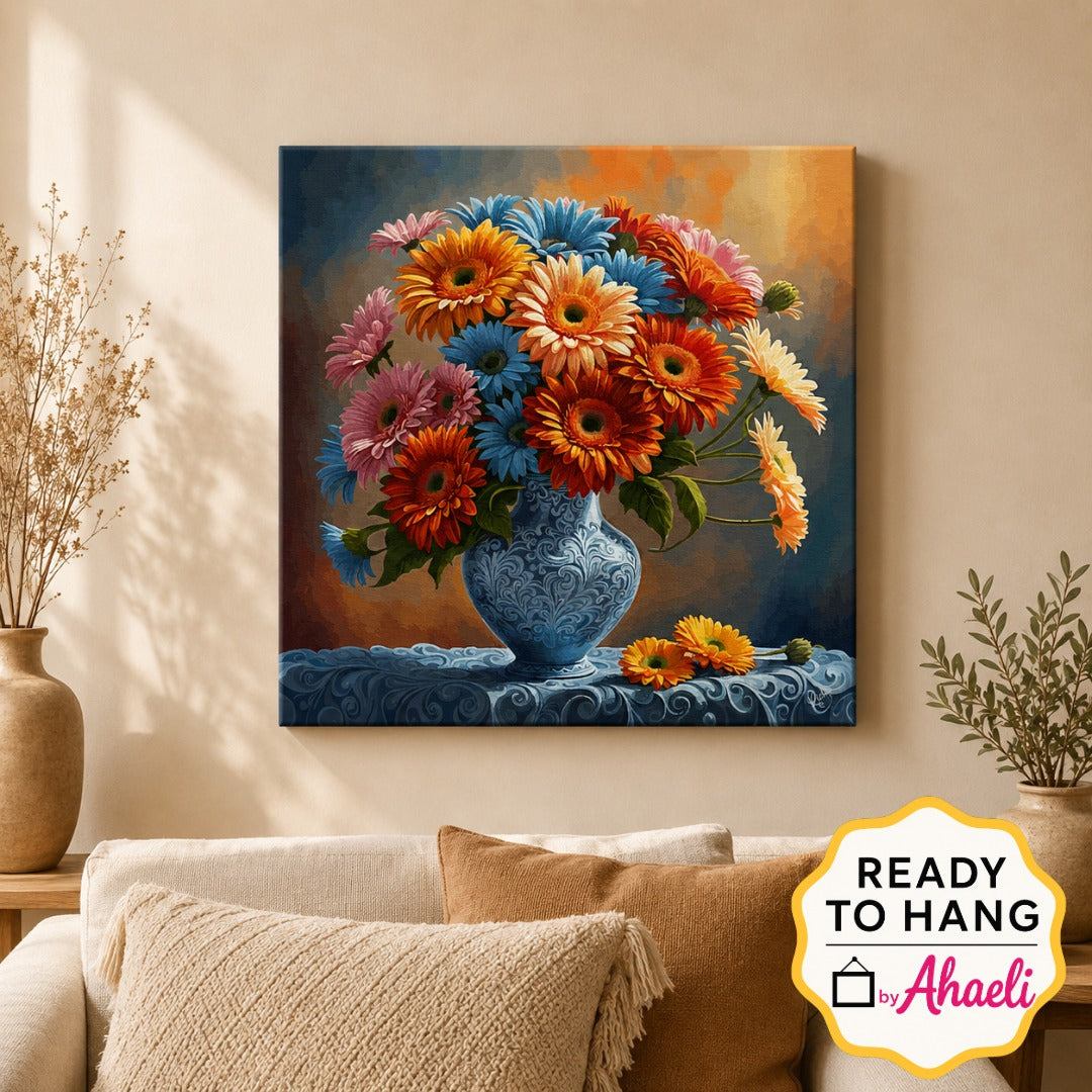 Floral vase painting featuring a colorful bouquet of flowers in an ornate blue vase, elegant floral wall art canvas for home décor.