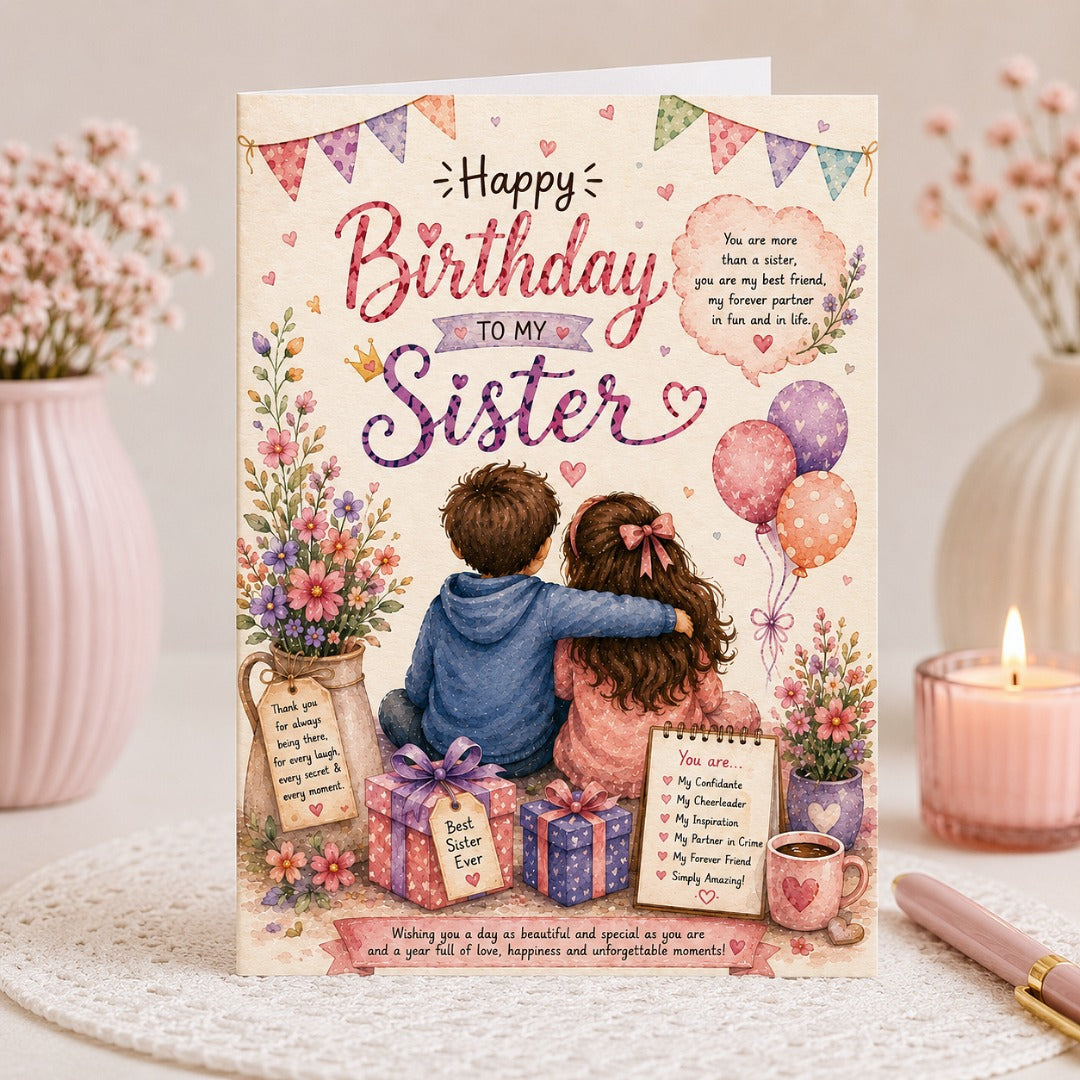 Floral watercolor birthday card for sister with brother and sister illustration