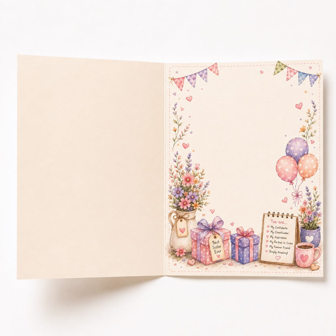 Inside of sister birthday greeting card with heartfelt sibling message and floral watercolor design