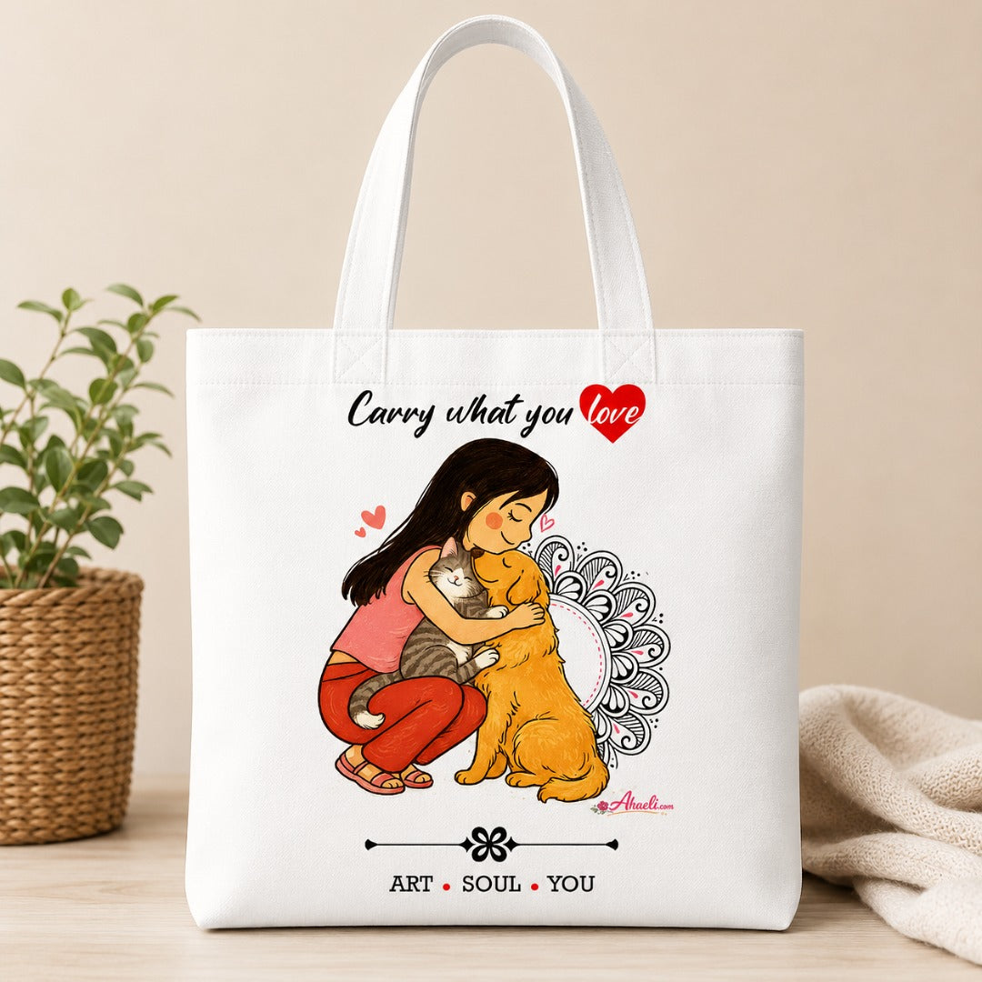 Forever Paws Hug Tote Bag featuring a girl hugging her dog and cat on a white canvas tote.