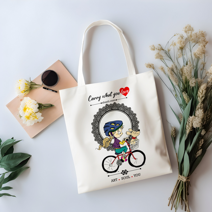 Cycling Girl with Dog tote bag featuring a charming illustration of a girl riding a bicycle with her dog, printed on a reusable canvas bag.