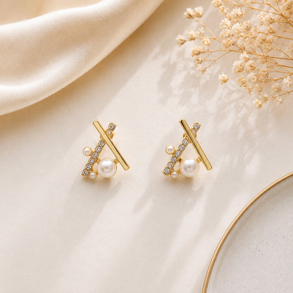 Gold Pearl Crystal Geometric Stud Earrings for Women with sparkling crystal embellishments and elegant pearl accents.