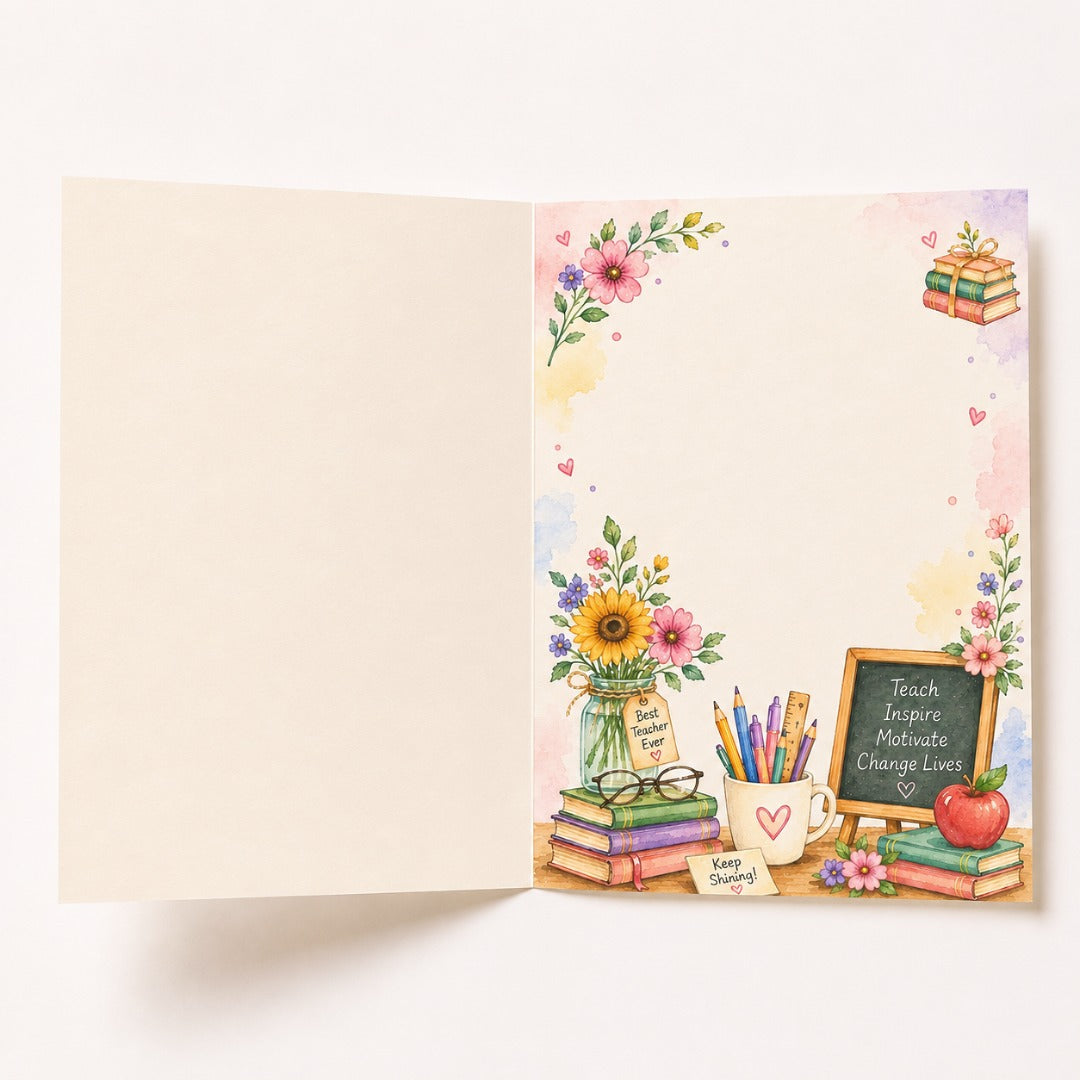 Inside of watercolor Teacher's Day card with flowers, books, chalkboard and space for a personal message