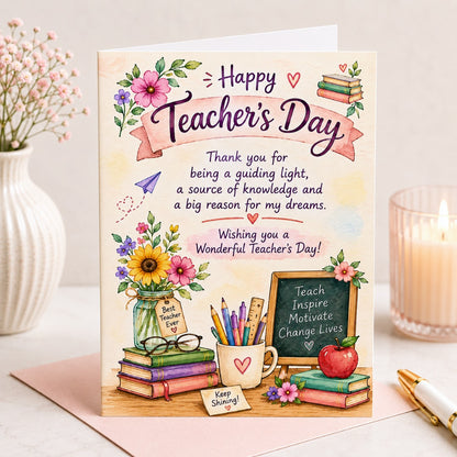 Guiding Light watercolor Teacher's Day greeting card with flowers, books and classroom design