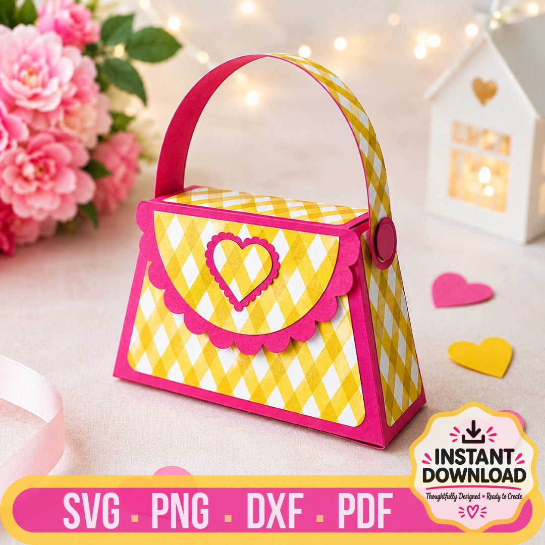 Handbag party favor box SVG template with handle and gift box design