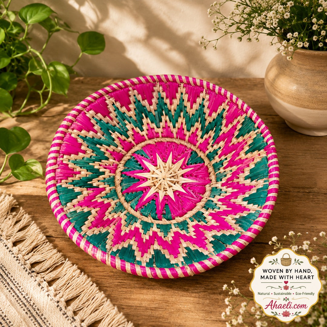 Handcrafted floral Sikki grass decorative basket in pink and teal woven design for boho wall and table décor