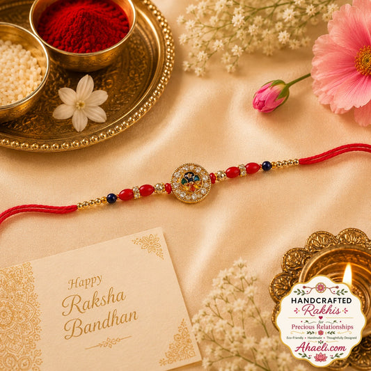 Handcrafted royal enamel stone rakhi with decorative beads and metal centerpiece for Raksha Bandhan