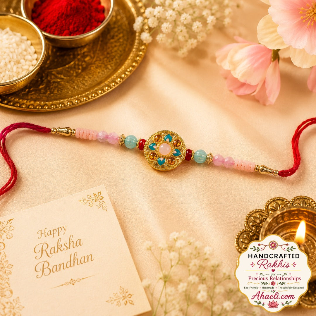 Handcrafted stone studded designer rakhi with pastel beadwork and traditional festive design