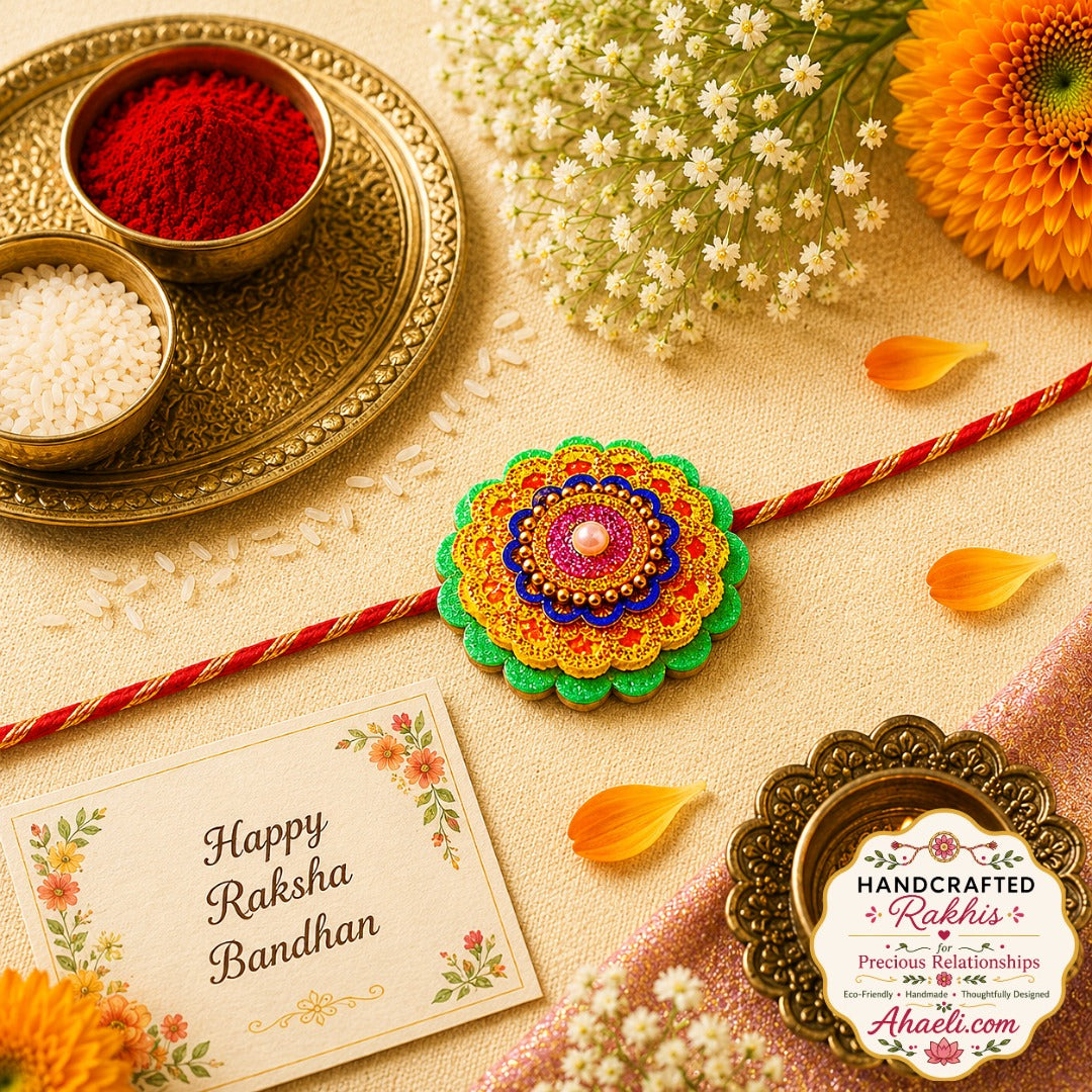 Handmade 3D layered flower rakhi with colorful handcrafted floral design for Raksha Bandhan