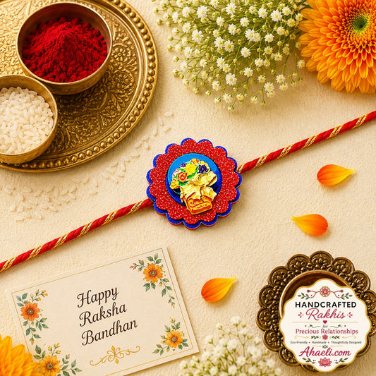 Handmade Floral Bouquet Rakhi made from paper and clay with colorful handcrafted design for Raksha Bandhan