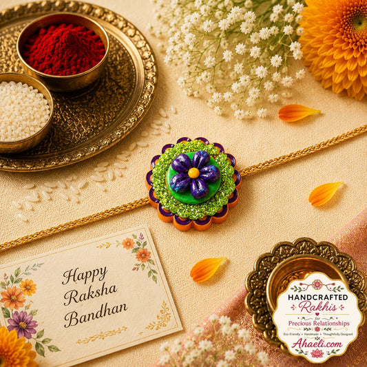Handmade Forget-Me-Not flower rakhi made from paper and clay with eco-friendly handcrafted floral design