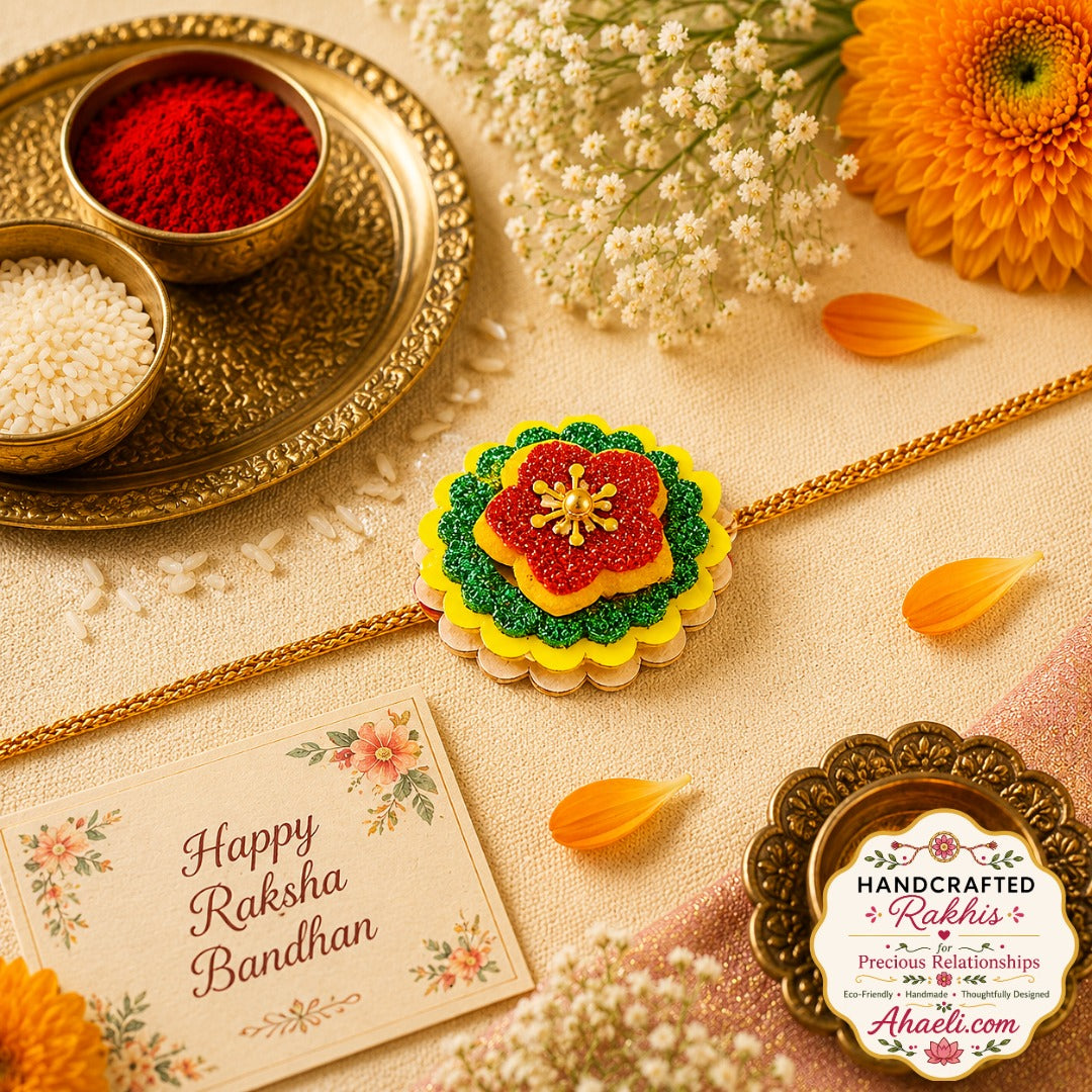 Handmade Hibiscus Flower Rakhi with layered floral handcrafted design for Raksha Bandhan
