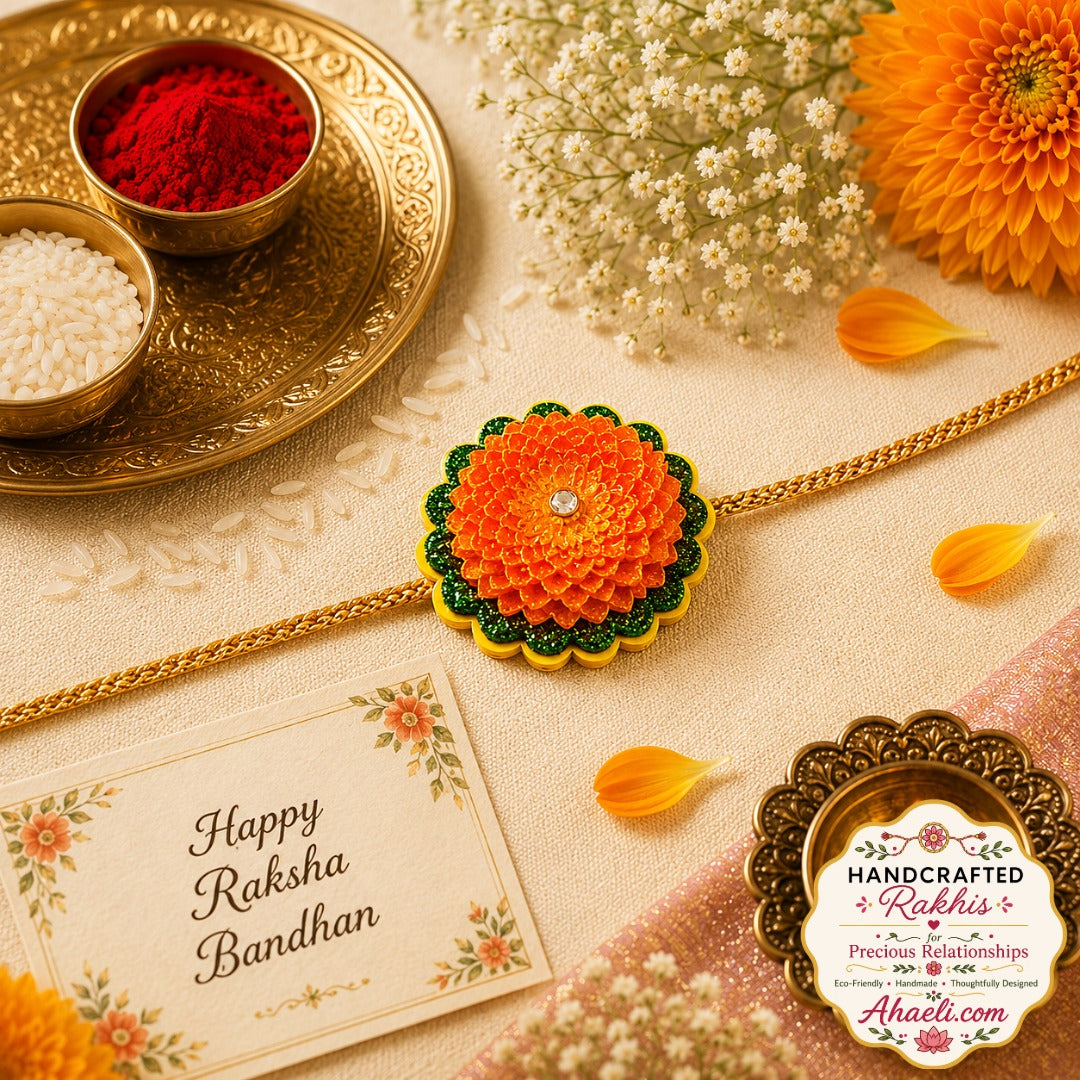 Handmade paper and clay marigold bloom rakhi with layered orange floral design for Raksha Bandhan.