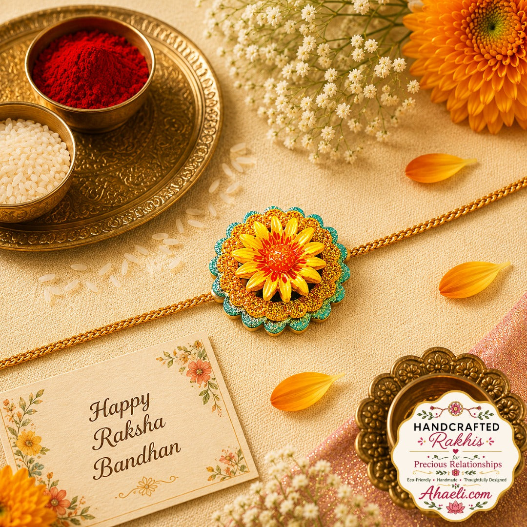 Handmade paper and clay sunflower bloom rakhi with yellow floral design for Raksha Bandhan.