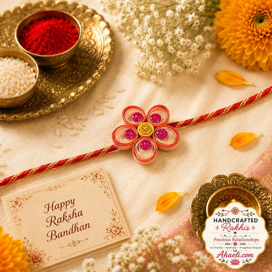 Handmade paper quilled Blossom Petal Rakhi featuring a five-petal floral design for Raksha Bandhan.