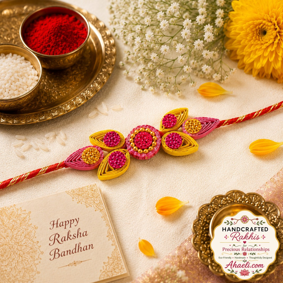 Handmade paper quilled festive petal rakhi featuring pink and yellow petal design for Raksha Bandhan.