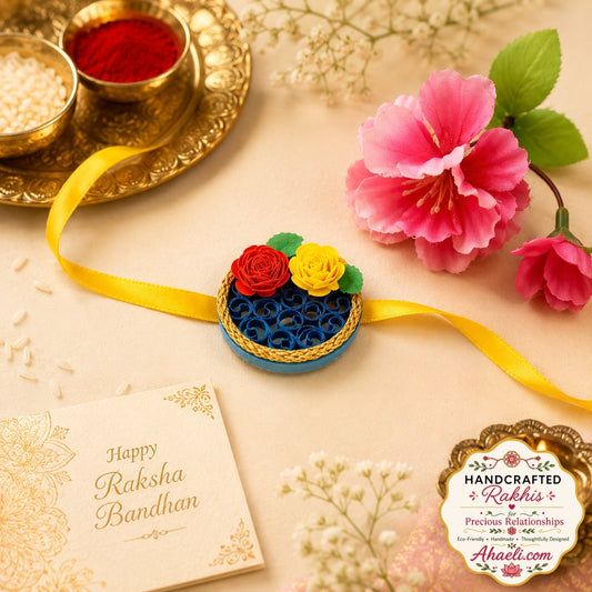 Handmade paper quilled floral rakhi with colorful quilled flowers and eco-friendly design for Raksha Bandhan.