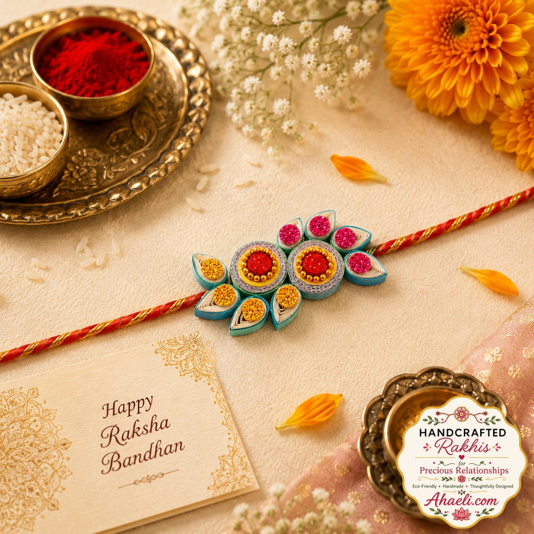 Handmade paper quilled rangoli mandala rakhi featuring teal, pink, and yellow decorative design for Raksha Bandhan.