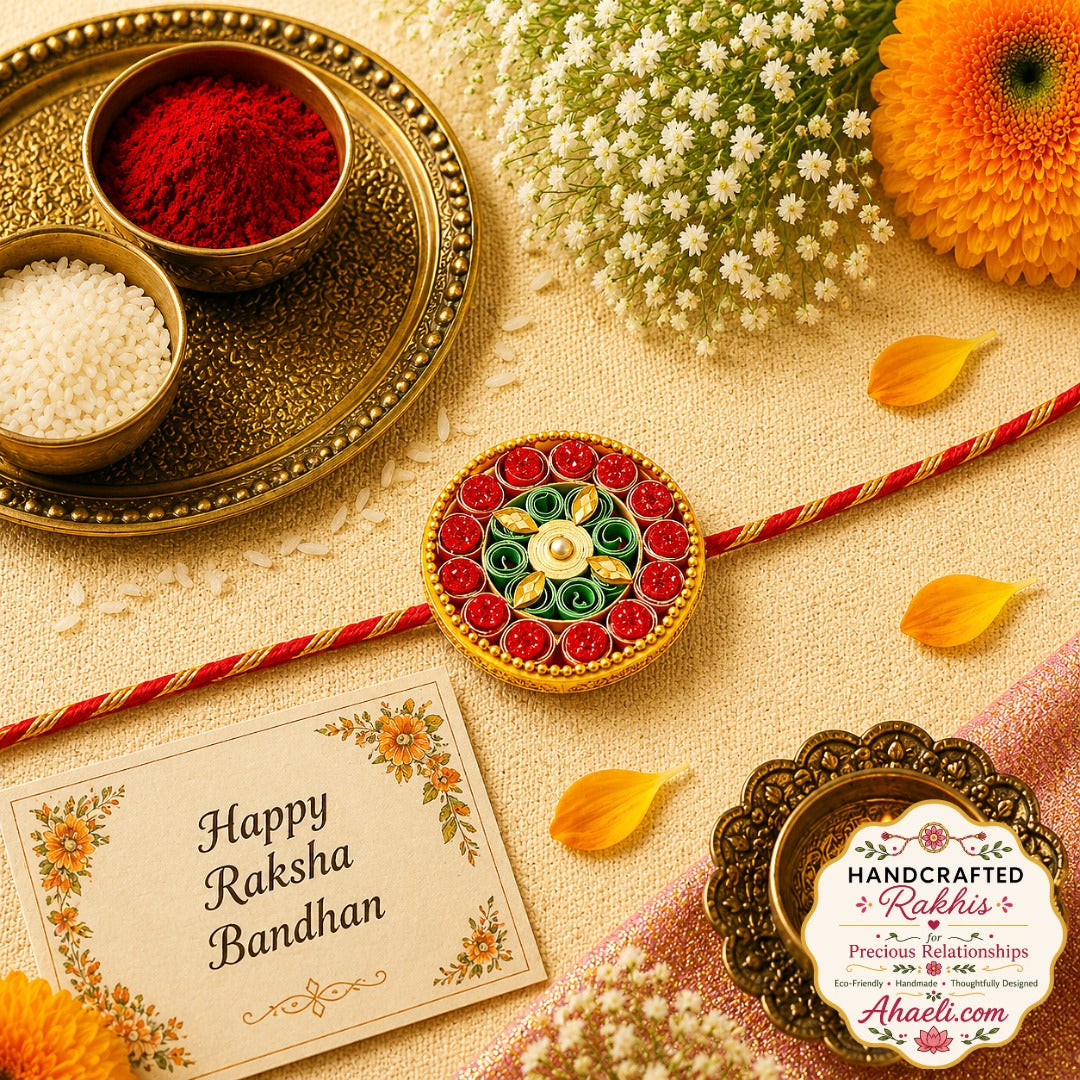Handmade Paper Quilled Rangoli Rakhi with traditional circular festive handcrafted design