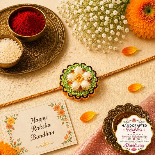 Handmade Pearl Blossom Rakhi made from paper and clay with pearl floral design for Raksha Bandhan