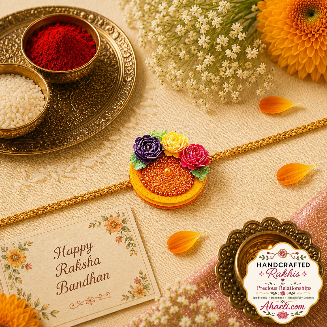 Handmade Silk Thread Paper Rose Rakhi with handcrafted floral design for Raksha Bandhan