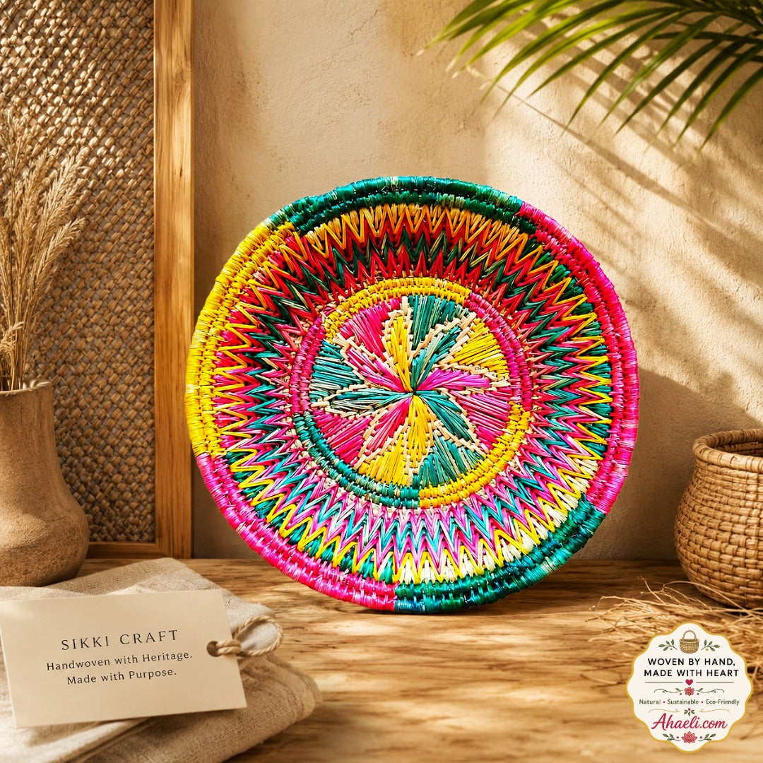 Handwoven floral Sikki grass decorative basket handmade by Bihar artisans for wall décor, fruit display and sustainable home decoration