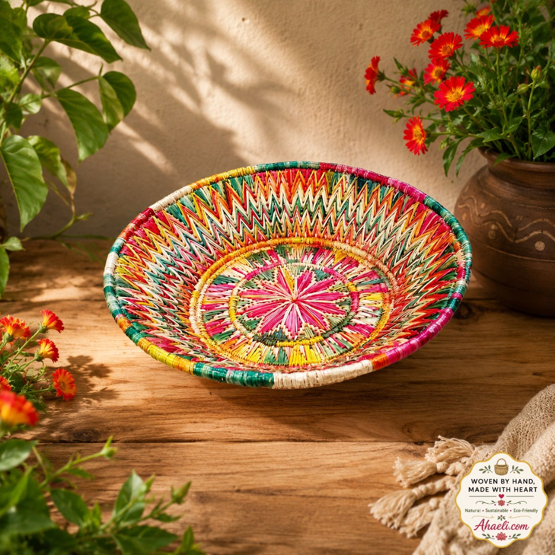 Handwoven Sikki grass decorative basket made by women artisans in Bihar, ideal for home décor, wall decoration, and fruit display