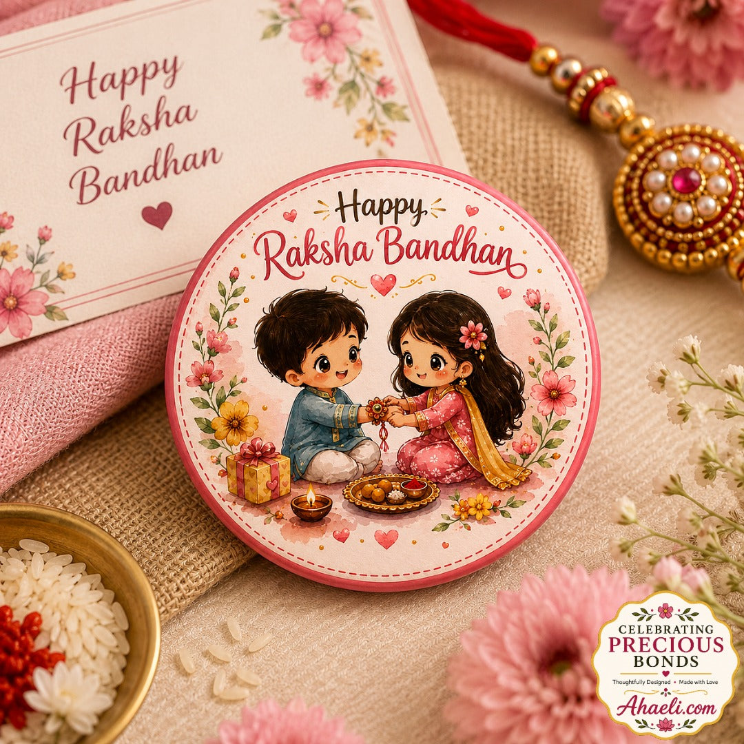 Happy Raksha Bandhan badge with cute sibling artwork and festive pin design