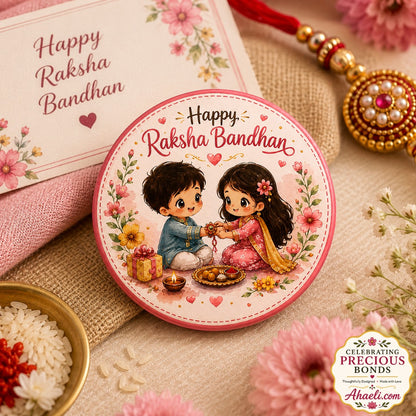 Happy Raksha Bandhan badge with cute sibling artwork and festive pin design