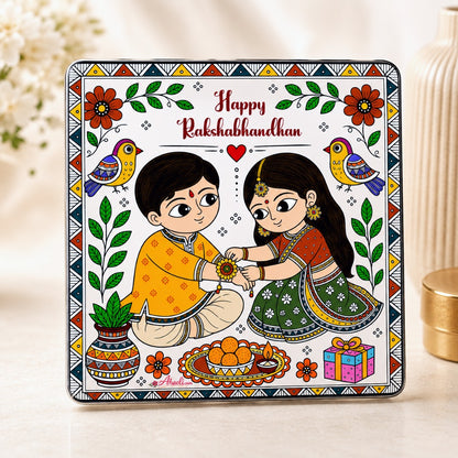 Happy Raksha Bandhan fridge magnet featuring Madhubani folk art of a sister tying rakhi to her brother, handmade Indian festive gift and home decor.