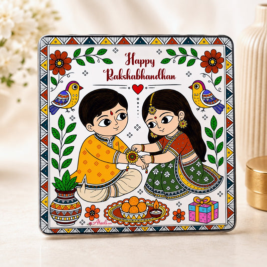 Happy Raksha Bandhan fridge magnet featuring Madhubani folk art of a sister tying rakhi to her brother, handmade Indian festive gift and home decor.