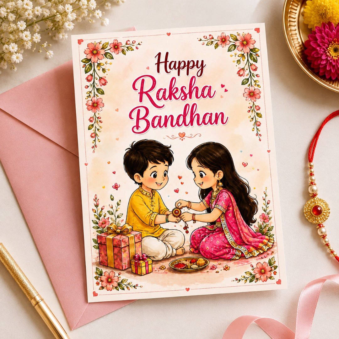 Happy Raksha Bandhan greeting card for brother and sister with watercolor Rakhi illustration