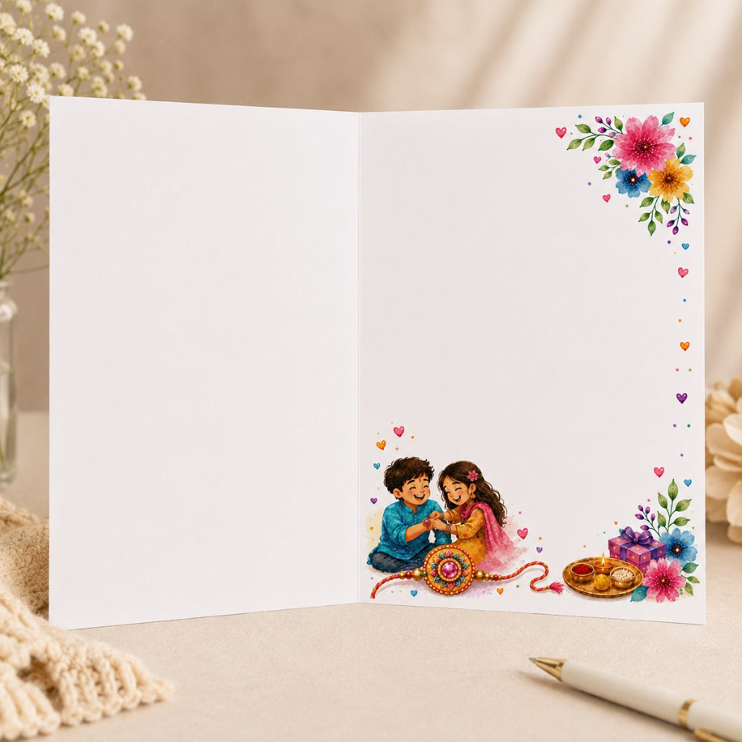 Inside view of Happy Raksha Bandhan greeting card for brother featuring a watercolor sibling illustration, floral border, rakhi, and puja thali.