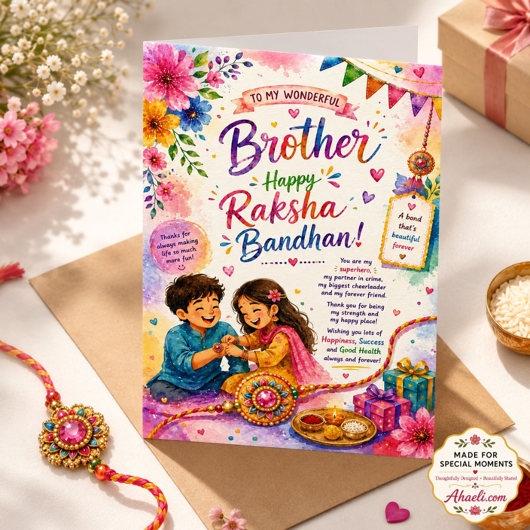 Happy Raksha Bandhan greeting card for brother featuring elegant watercolor floral artwork and heartfelt Rakhi wishes.