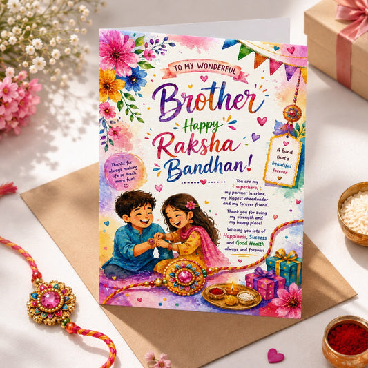 Happy Raksha Bandhan greeting card for brother with watercolor siblings, colorful rakhi and floral design