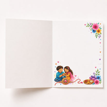 Open Raksha Bandhan card for brother with watercolor brother sister illustration, rakhi and floral design inside