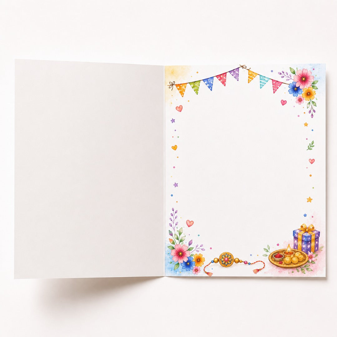 Open Raksha Bandhan watercolor greeting card with floral border, rakhi, diya and gift design inside
