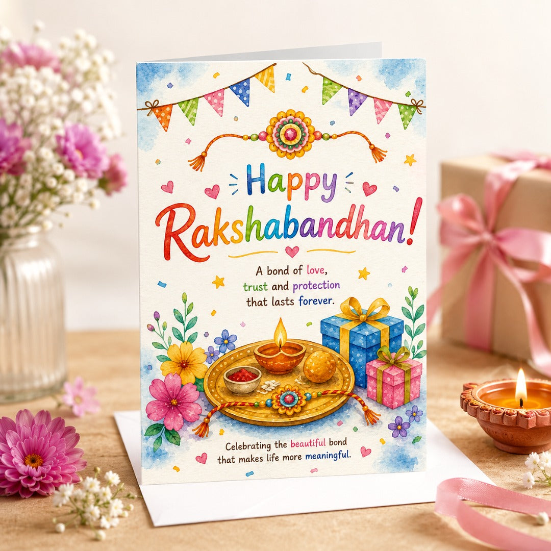 Happy Raksha Bandhan watercolor greeting card featuring a traditional rakhi, festive thali, diya, sweets, flowers, and gift boxes.