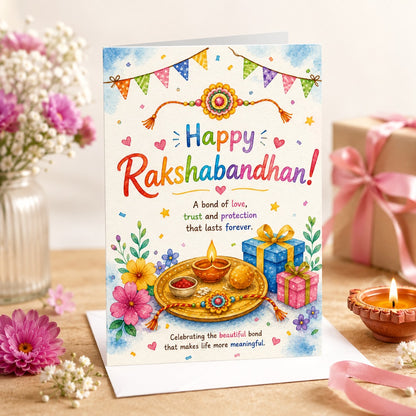 Happy Raksha Bandhan watercolor greeting card featuring a traditional rakhi, festive thali, diya, sweets, flowers, and gift boxes.